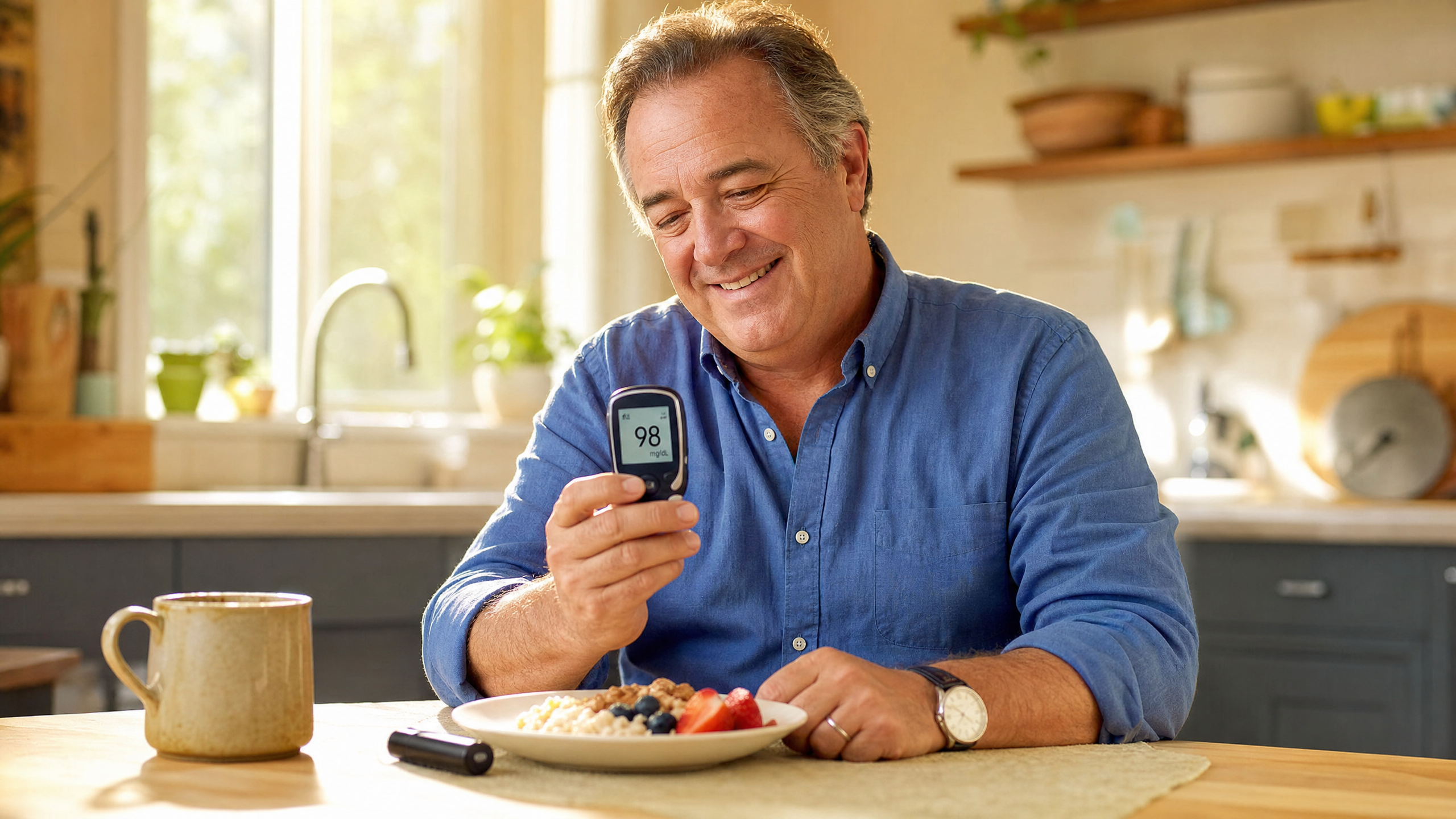 Man checking blood sugar with relief